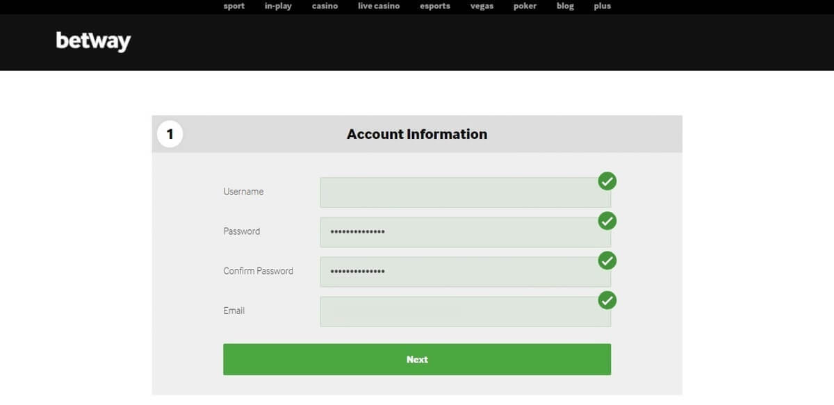 Simple account setup at Betway